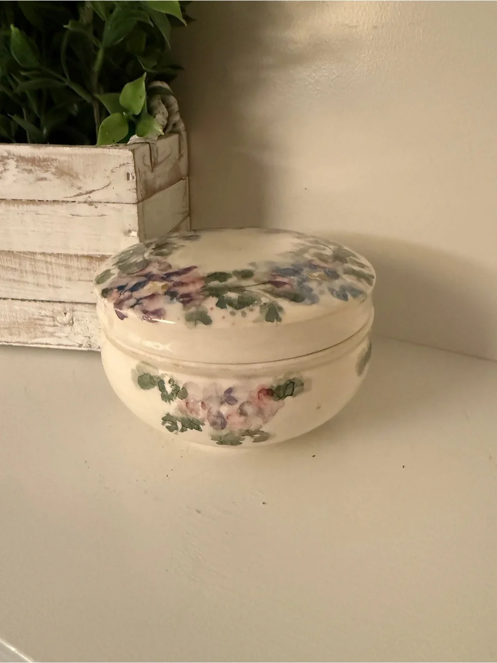 Signed Hand Painted Studio Pottery Floral Lidded Trinket Box Covered Ceramic Jar